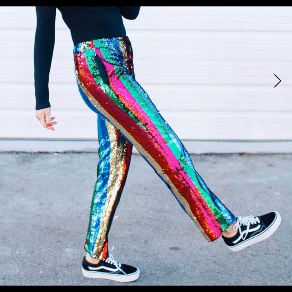 Rainbow stripe sequin pants